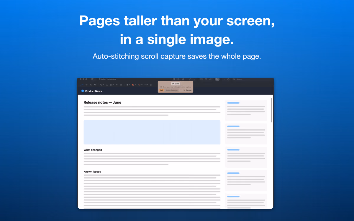 Scrolling page capture stitching a tall page into a single image