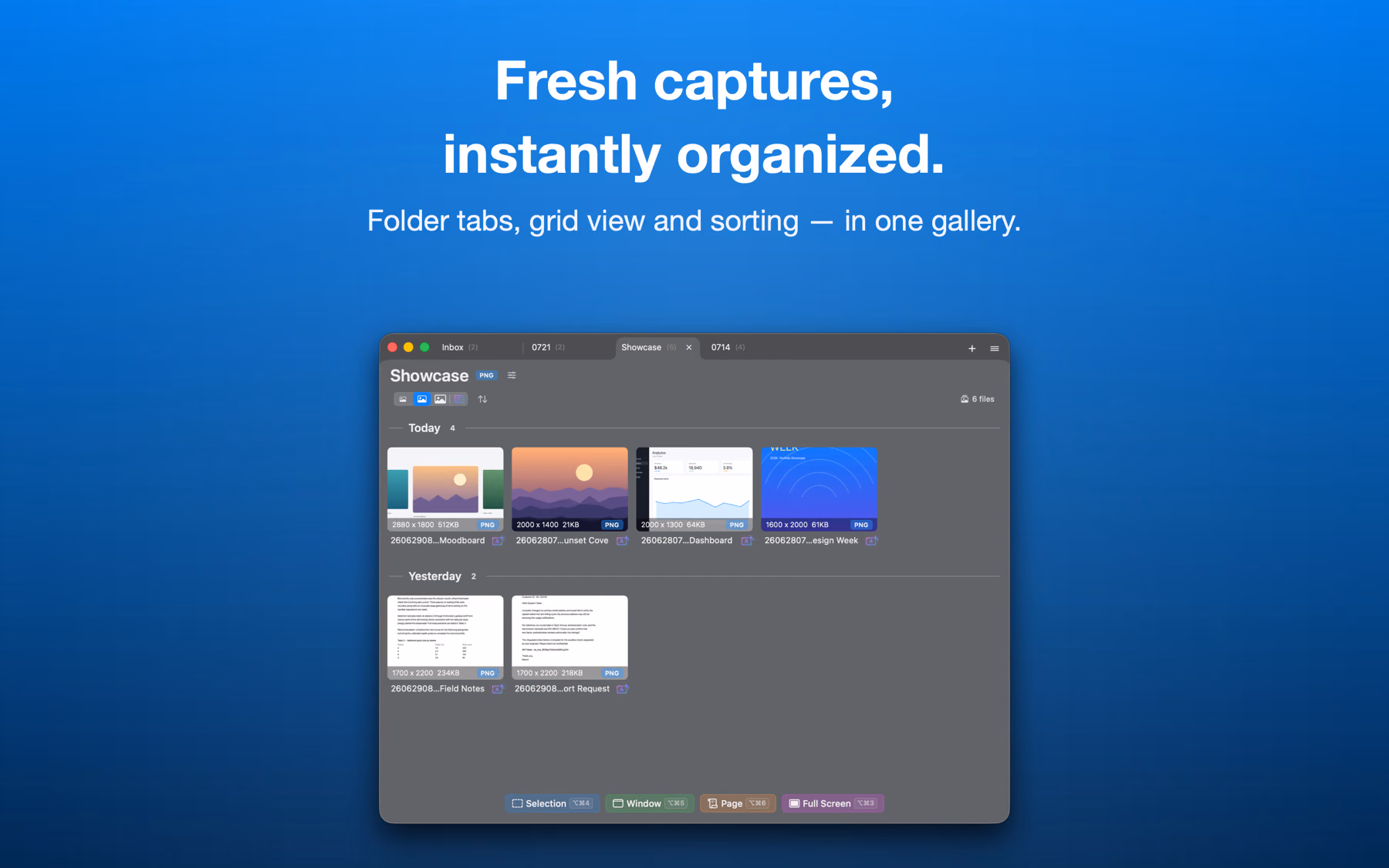 SnapDays gallery organizing captures with folder tabs, grid view and sorting