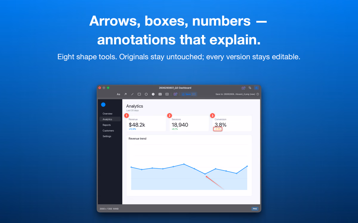 Annotation editor with arrows, boxes and number badges