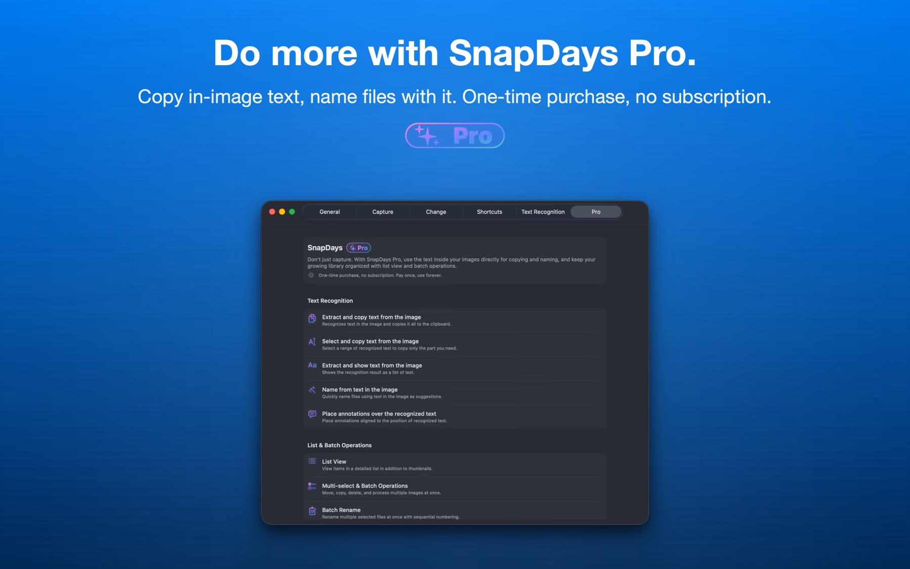 SnapDays Pro settings showing text recognition, list view and batch operation features