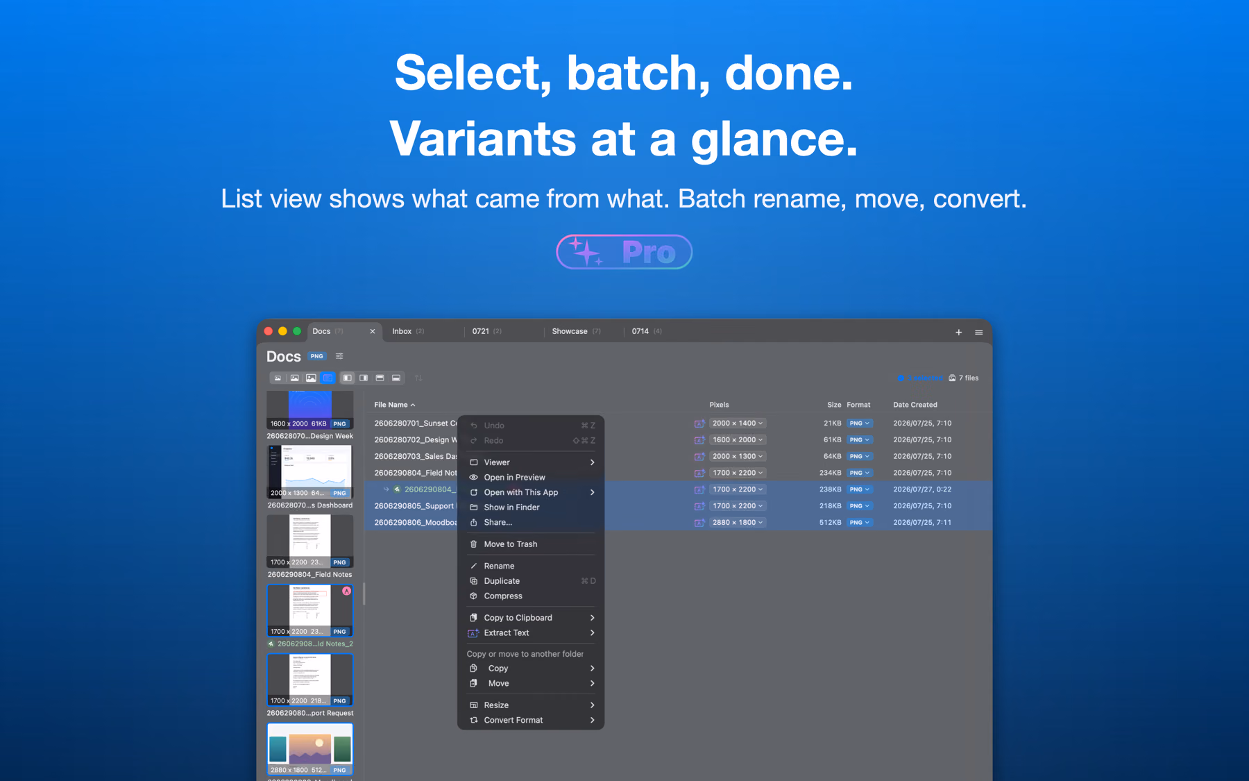 Pro list view with multi-selection and batch rename, move and convert actions