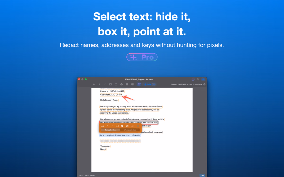 Annotations placed on recognized text lines to redact names and keys